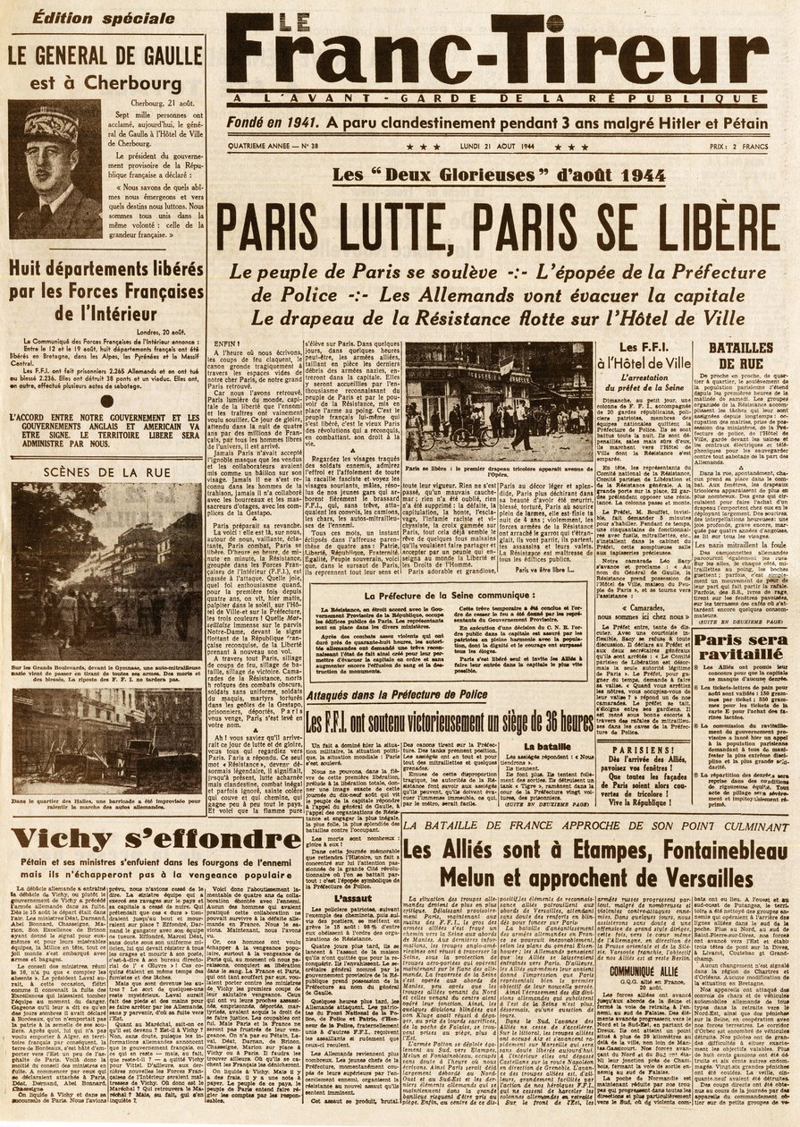 Osvobození Paříže – FRANC TIROUR číslo 38 z 21. srpna 1944 – Pařížské boje, paris ce libere od French School