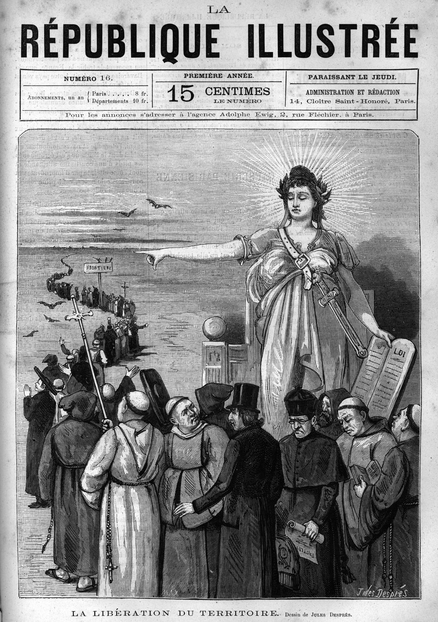 Osvobození území: Francouzská republika vyhošťuje nepovolené náboženské kongregace z francouzského území na základě dekretů z března 1880 přijatých Julesem Ferrym a zbavujících je práva vyučovat. Noviny. Rytina z roku 1880 v „La re od French School
