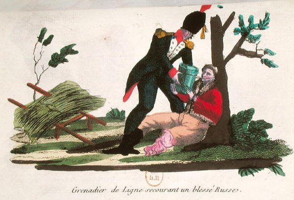 Čárový granátník pomáhá zraněnému ruskému vojákovi (barevná rytina) od French School