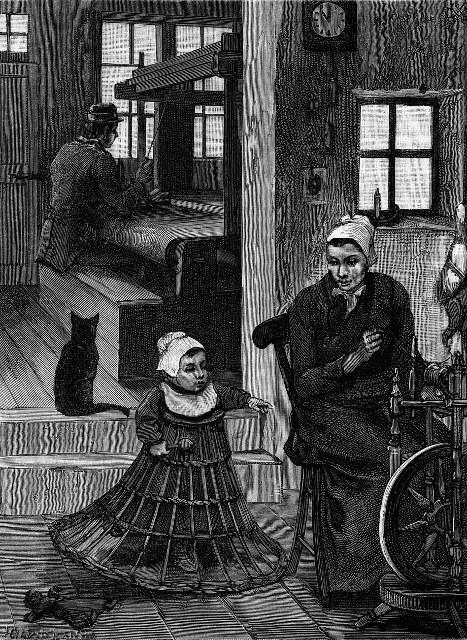 Povlečení: vnitřek tkadlec s tkadlem a kolovratem. Rytina do „“Le Journal de la jeunesse““ od French School