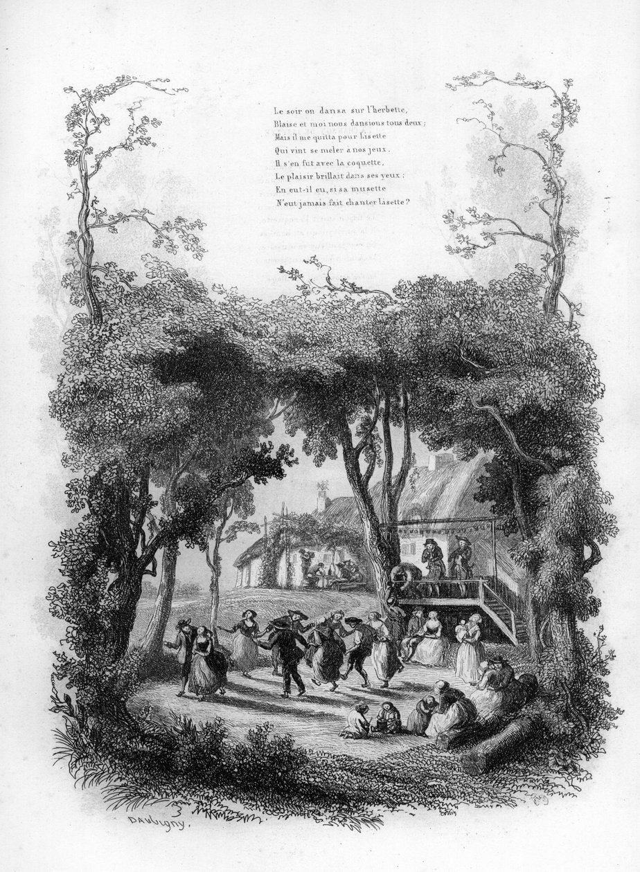 Píseň Lisette. Party a tanec ve vesnici na venkově. Rytina do „“ Chants et chansons populaire de la France“, Tome 2 od French School