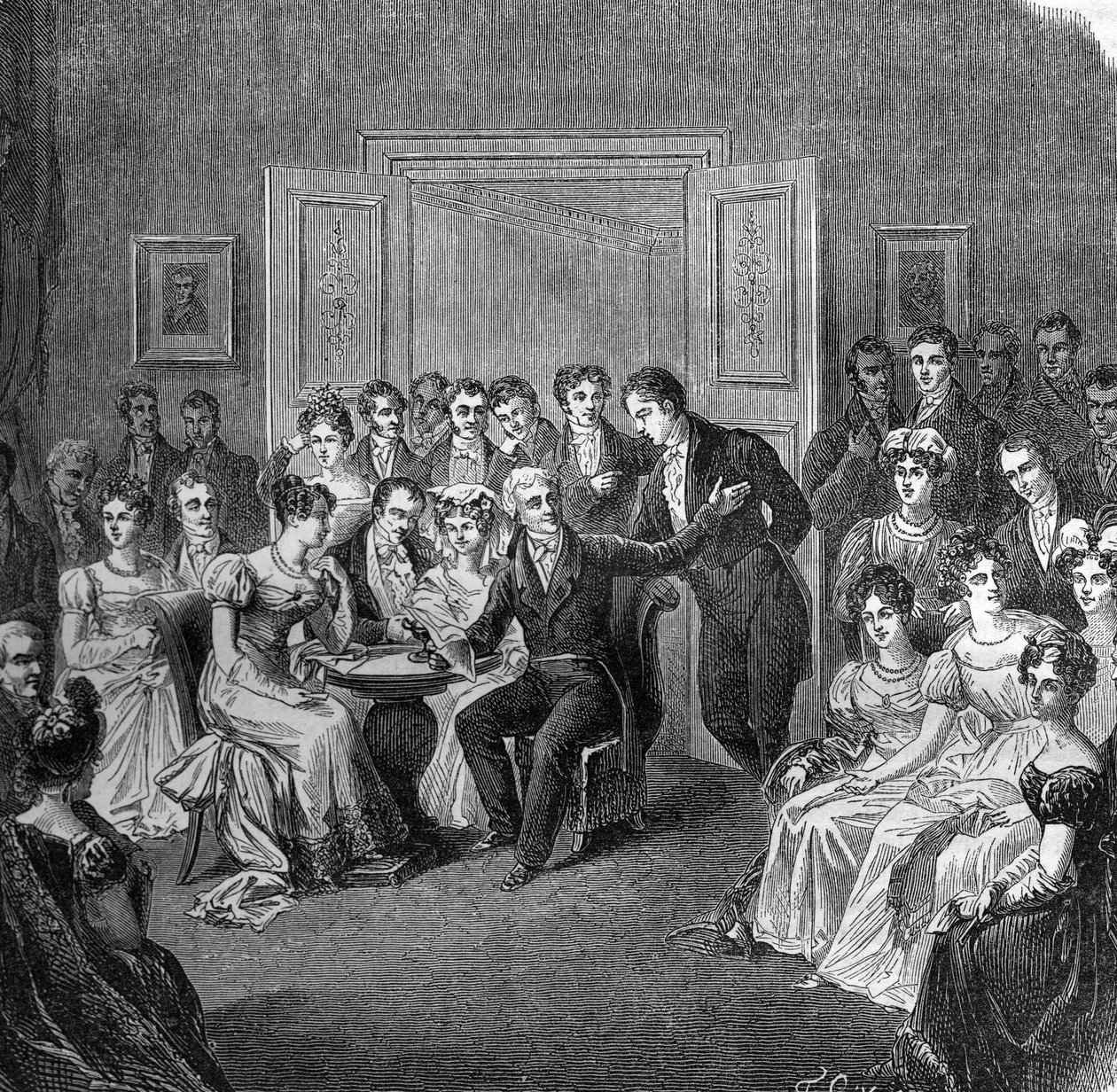 Literární salon v 19. století: Francois Auguste Parceval de Grandmaison (Parceval Grandmaison, Parceval-Grandmaison) (1759-1834) předčítá verše ze své básně „Philippe Auguste“ v salonku starého hotelu v Larochefoucauld v roce 1824. Rytina z od French School