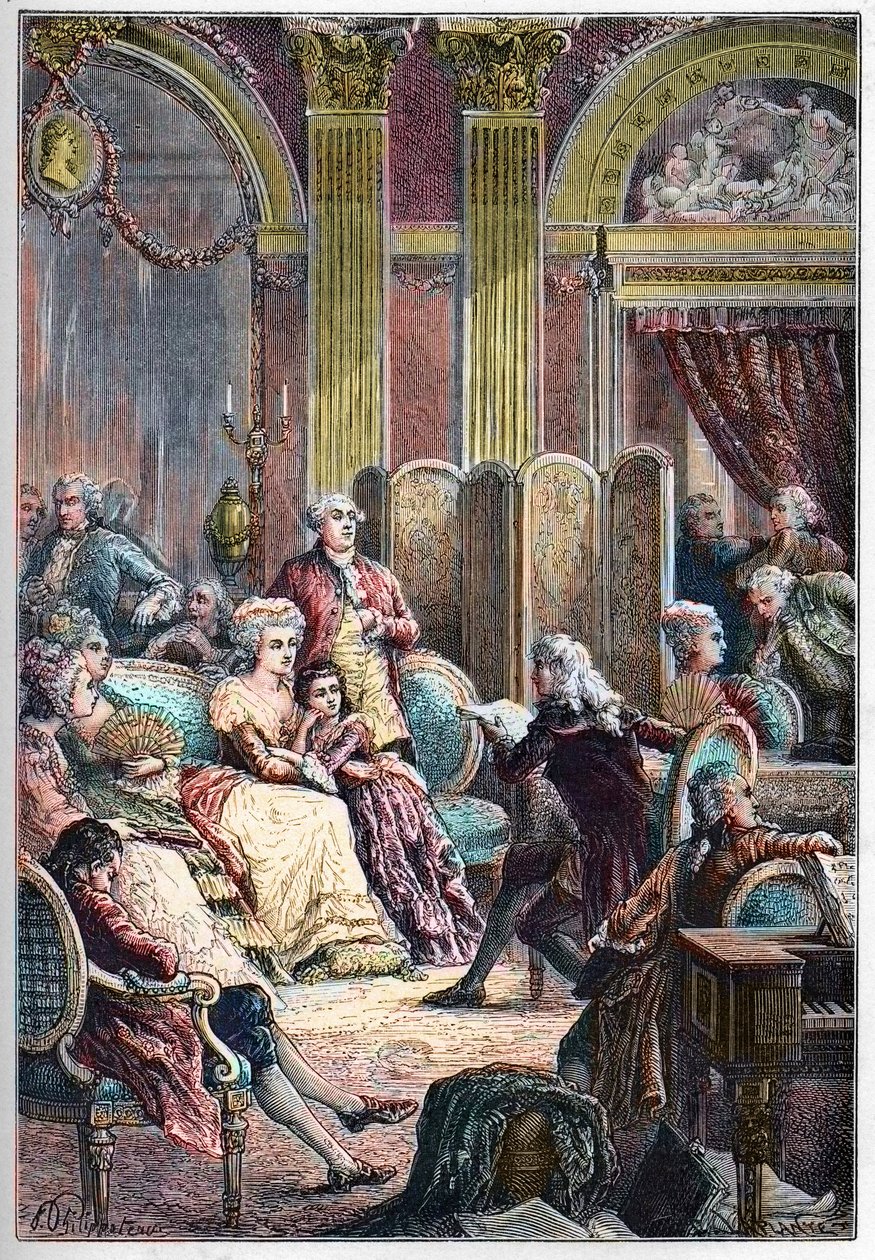 Literární salon – čtení knihy „“Paul a Virginie”” od Jacquese-Henriho Bernardina ze Saint-Pierre (Saint Pierre) v salonech madame Necker v Paříži – po boku paní Neckerové její manžel Jacques Necker a její dcera Germaine, později paní de Stael - Přednáška od French School