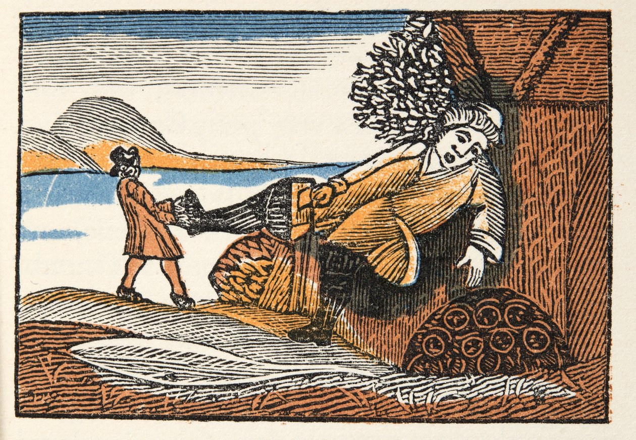 Little Thumb from Historys or Tales of Past Times vyprávěný Matkou Husou, S morálkou, M. Perraultem, hospoda. 1925 (ručně kolorovaný dřevotisk) od French School