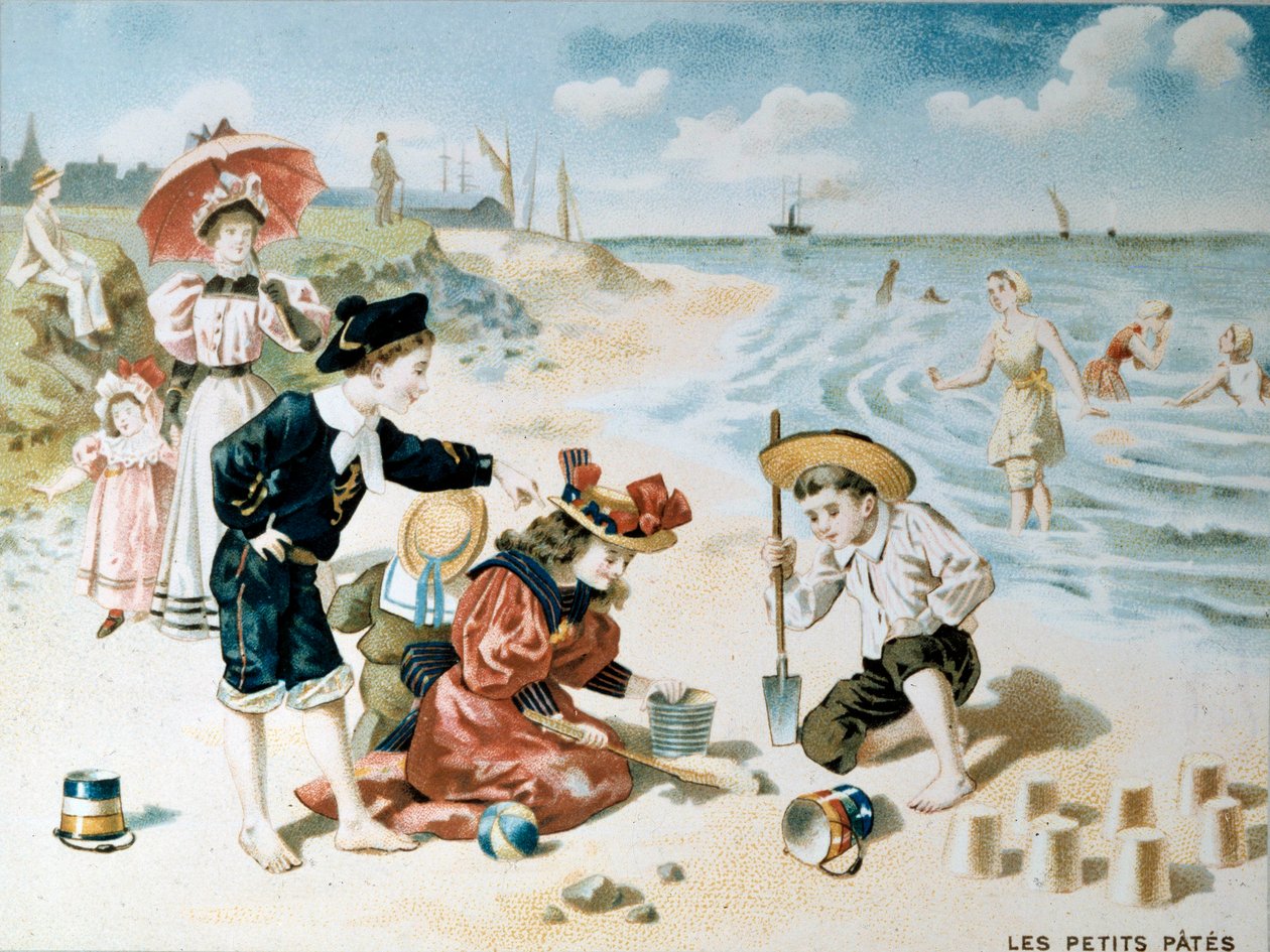 Malé těstoviny: děti si hrají na pláži s pískem. Ilustrace z počátku 20. století (chromolit) od French School