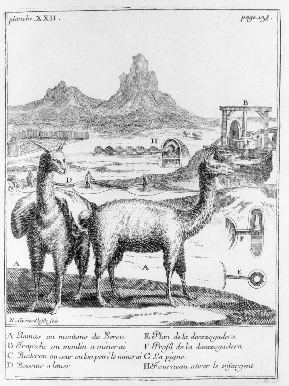 Lamy a diagramy týkající se těžby nerostů, z Relation du voyage de la mer du sud aux cotes du Chily et du Perou od A. F. Freziera, 1716 od French School