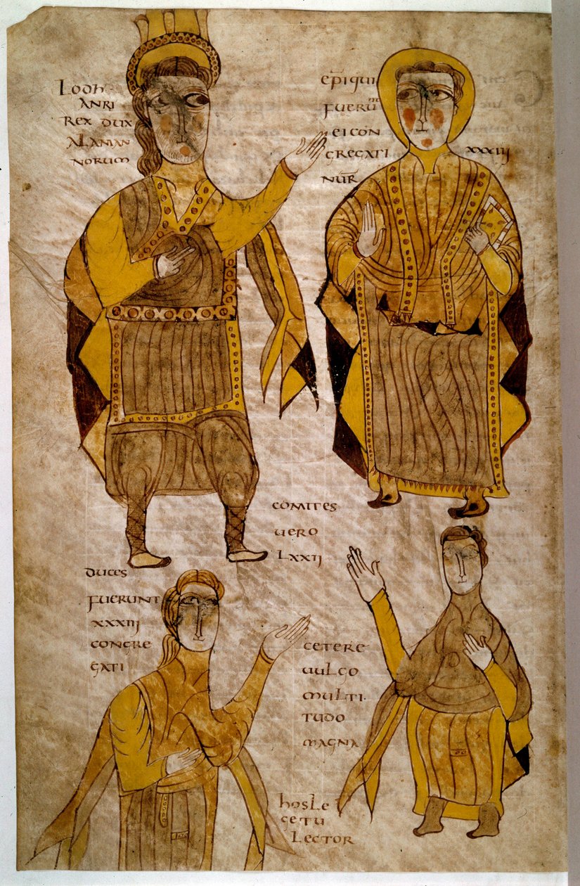 Lodhanri King of the Alamans (nebo Alemans: germánský kmen) obklopuje eveque, vévodu a hraběte. Rukopis „“Breviář Alaric a jiné právní texty““ (folio 197v), Francie, Vallee de la Loire (?), 803-814. Paříž, BN od French School