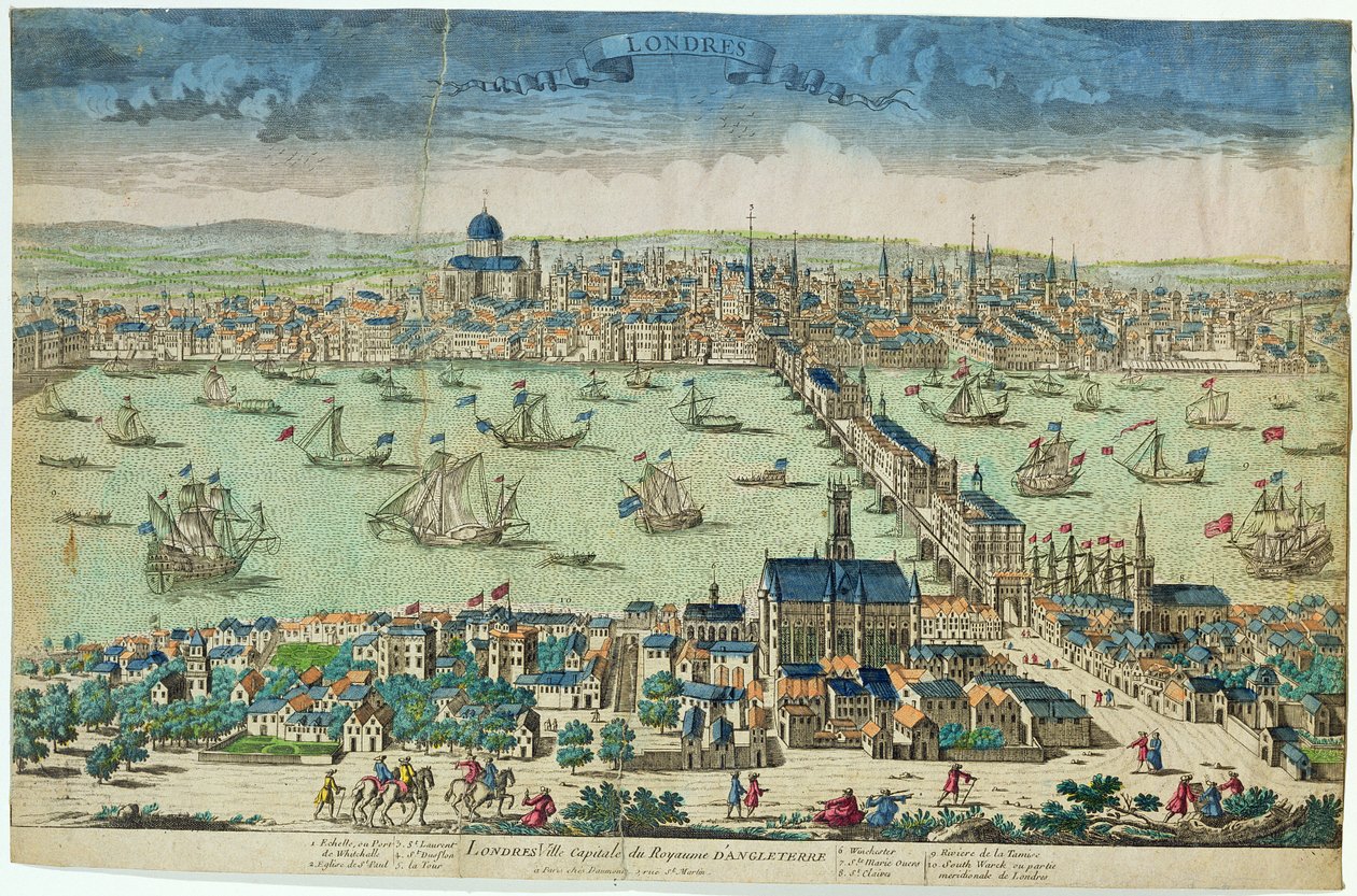 "Londýn, hlavní město Anglického království", francouzsky, asi 1700 (ručně kolorovaný dřevoryt) od French School