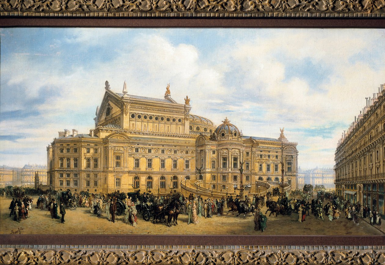 Pařížská opera postavená Charlesem Garnierem, pohled z Rue Auber (olej na plátně) od French School