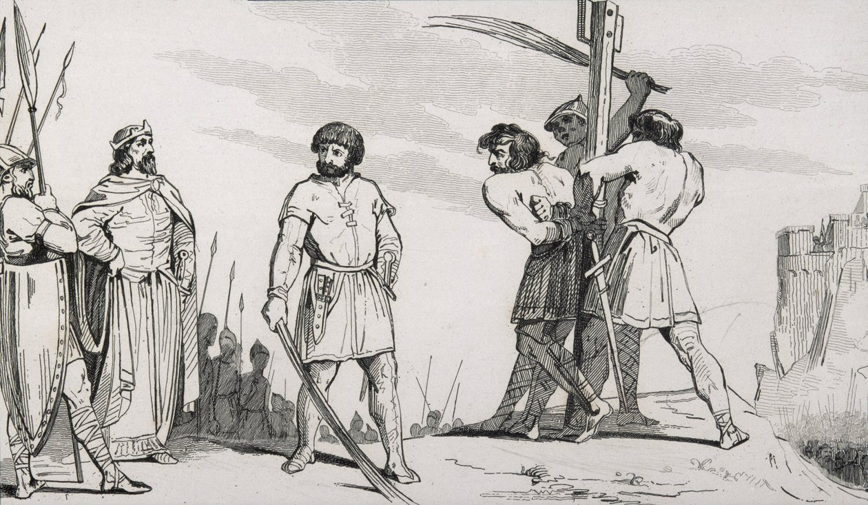 Lord Bodillon je bičován poté, co si stěžoval na zvýšení daní Childerica II. (653-73), z „Histoire de France“ od Colarta, vydaného kolem roku 1840 od French School