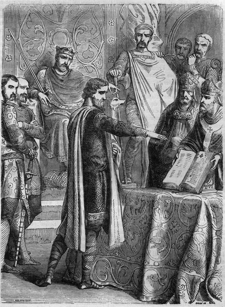 Lotharia II (825-869) složila přísahu na evangelium před papežem Adrienem II (792-872) v Římě v roce 869. Rytina v „Histoire des Papes-Rois-Queen and Empereurs a travers les století“ od Maurice Lachatre od French School