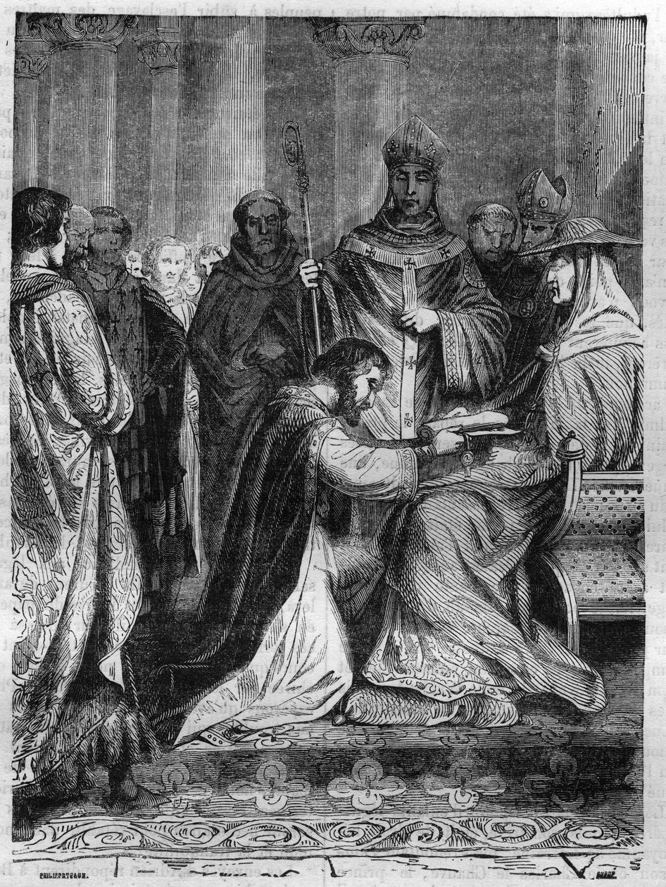 Lotharia I (795-855) u nohou papeže Adriana II. (792-872). Rytina v „Historie papežů-králů-královen a císařů v průběhu staletí““ od Maurice Lachatre od French School