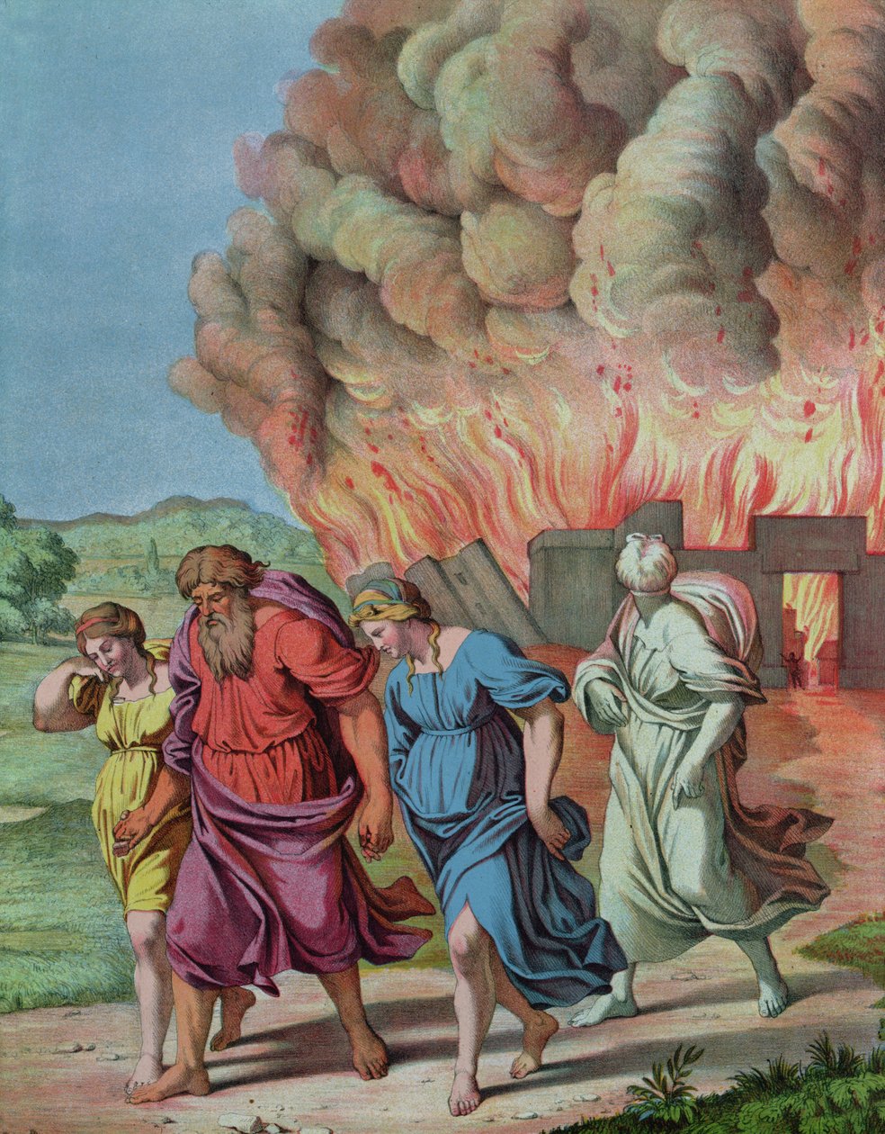 Lotova manželka se ohlédne na Sodomu a promění se v solný sloup, ilustrace pro katechismus od French School