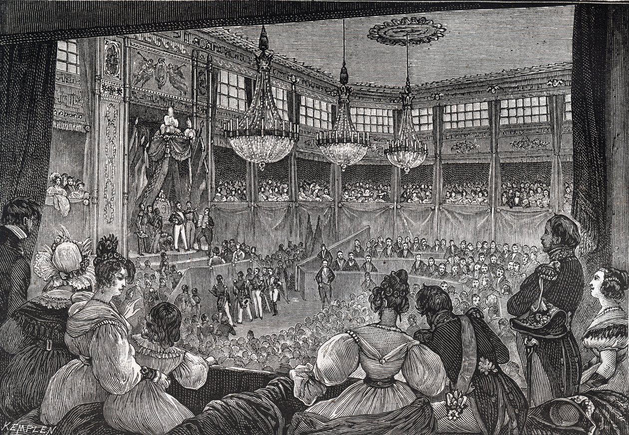Louis-Philippe I. složil přísahu jako král před Poslaneckou sněmovnou, 9. srpna 1830 – Revoluce roku 1830: „“ Král Ludvík Filip I. (1773-1850) přísahal, že bude udržovat Chartu z roku 1830 za přítomnosti komor znovu sjednocených v provizorní sál Pa od French School