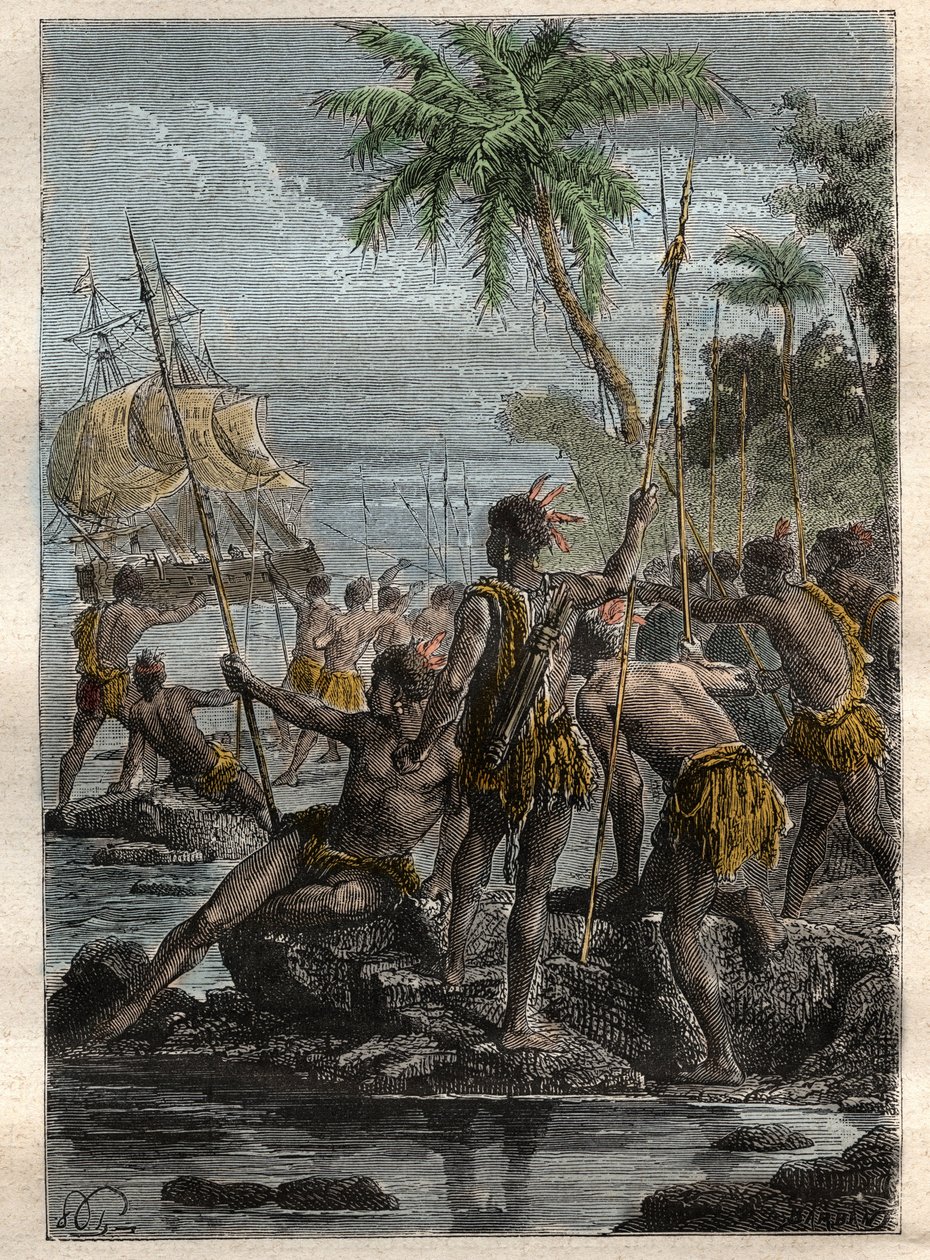 Louis Antoine, hrabě z Bougainville (1729-1811) přijel na Ile des Lancies (Francouzská Polynésie) v roce 1768 - ilustrace převzata z „The Grands Mariners of the 18th century“ od French School
