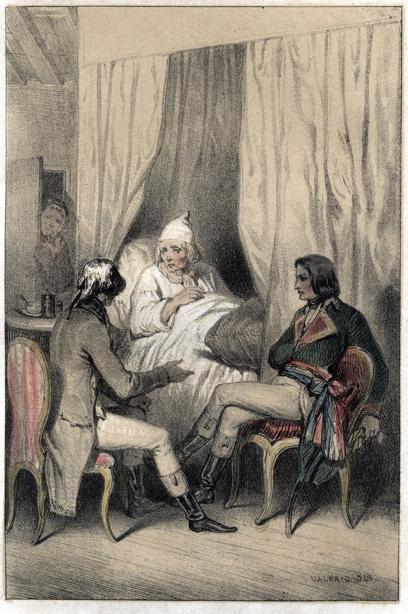 Louis Antoine Fauvelet de Bourienne (1769-1834), francouzský diplomat a administrátor, a generál Napoleon Bonaparte (1769-1821) požádali nemocného starého kapitalistu o peníze na italské tažení. Deska převzata z ""Scenes de la vie des hommes slavný""" ryti od French School