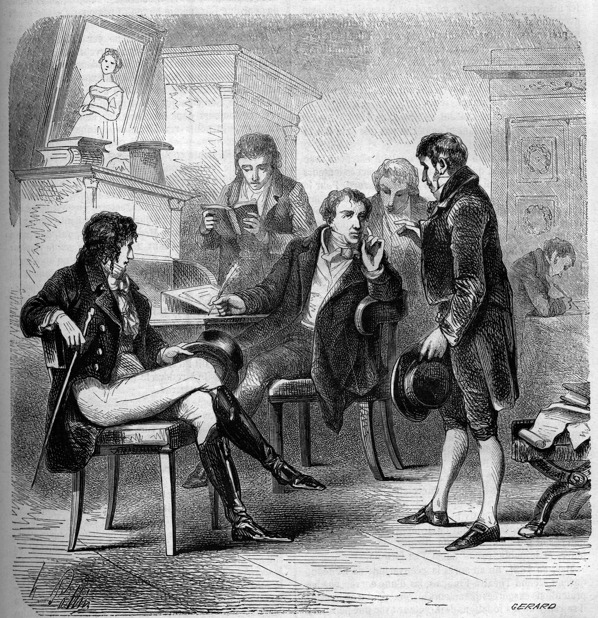 Louis Benoit (Louis-Benoit) Picard (1769-1828), francouzský spisovatel a komik, zastoupený v jeho ateliéru. Rytina z roku 1858. od French School
