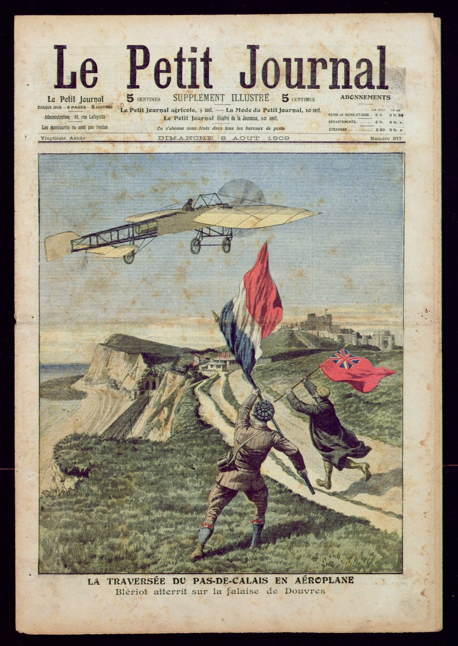 Louis Bleriot (1872-1936) přistání v Doveru, z „Le Petit Journal“, 8. srpna 1909 (barevná rytina) od French School