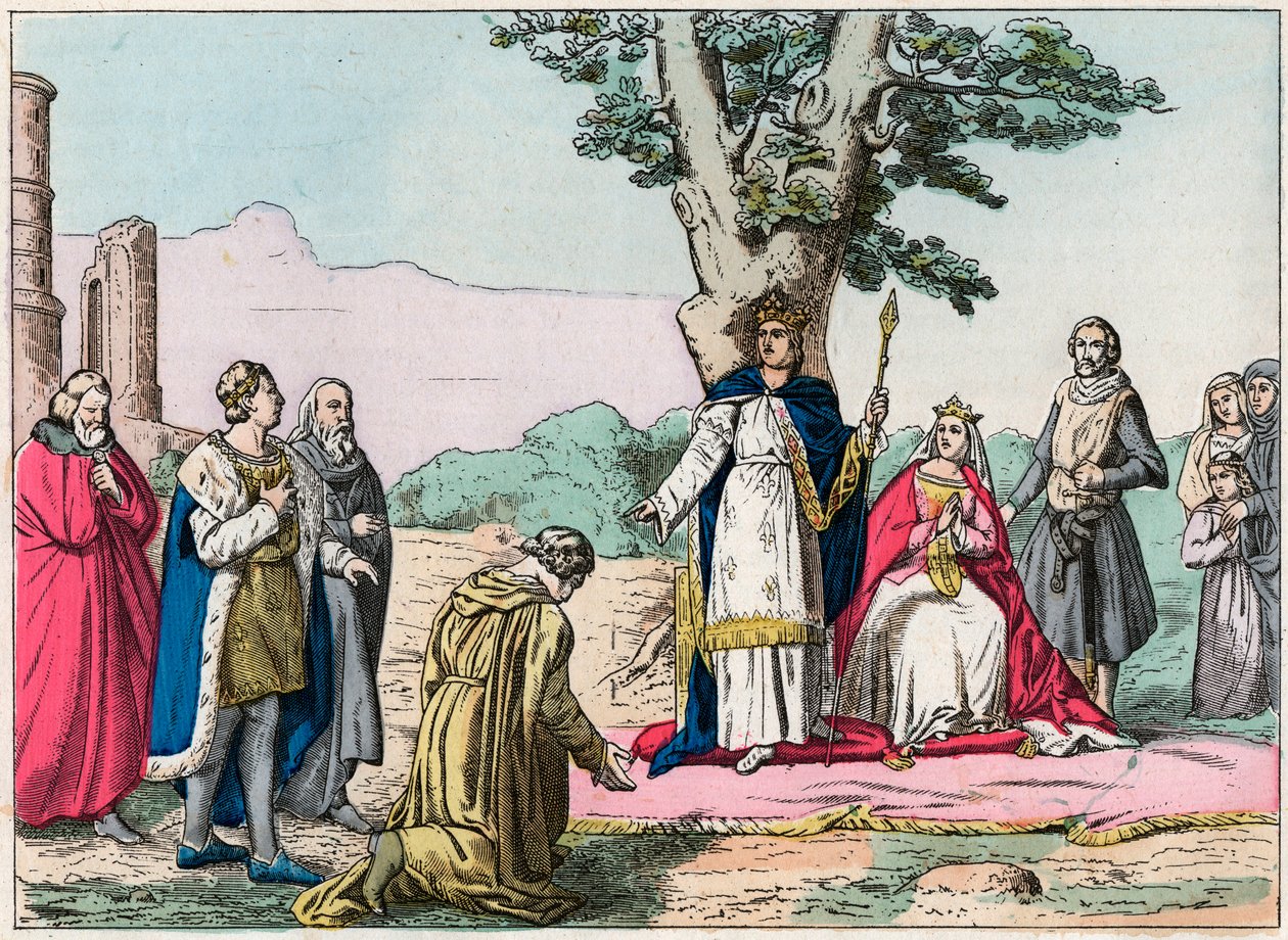 Louis IX, dit „Saint-Louis““ (1214-1270) poskytuje spravedlnost všem svým poddaným v Bois de Vincennes - Saint Louis (1214-1270) poskytuje spravedlnost – rytina konce 19. století v „Nos Gires Nationales - Obrázky a recitace"" od French School