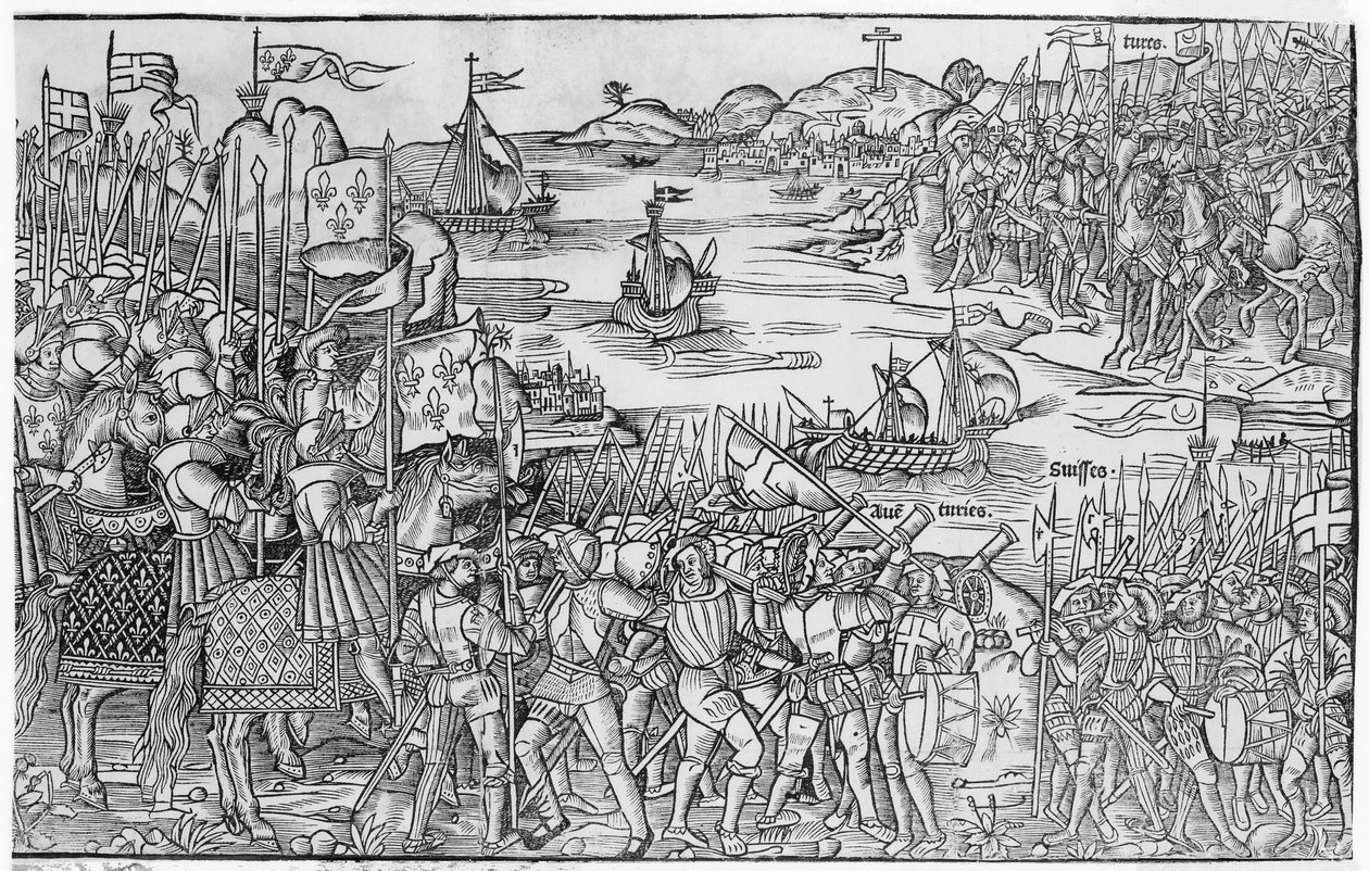 Ludvík IX. Francouzský vyloďující se v Damiettě během sedmé křížové výpravy, z „Grand Voyage de Hierusalem“, publikované 1522 od French School