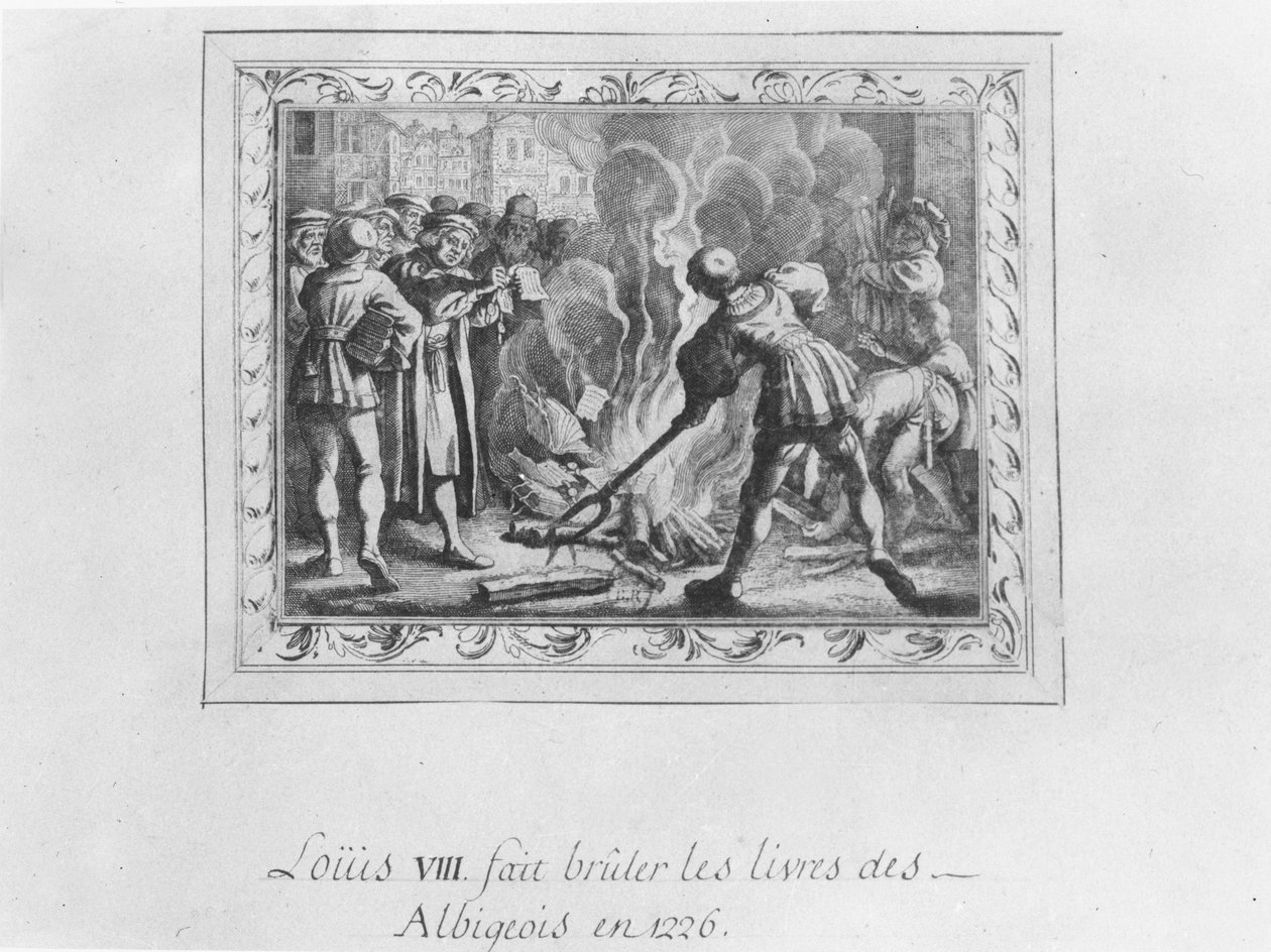 Ludvík VIII pálení albigenských knih v roce 1226 (rytina) od French School