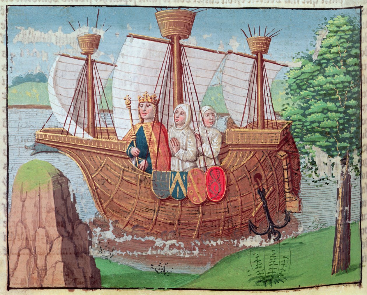 Ludvík VII nalodění do Svaté země s některými cisterciáckými mnichy v roce 1145, miniatura z „Ogier le Danois“, tisk A. Verard, Paříž od French School