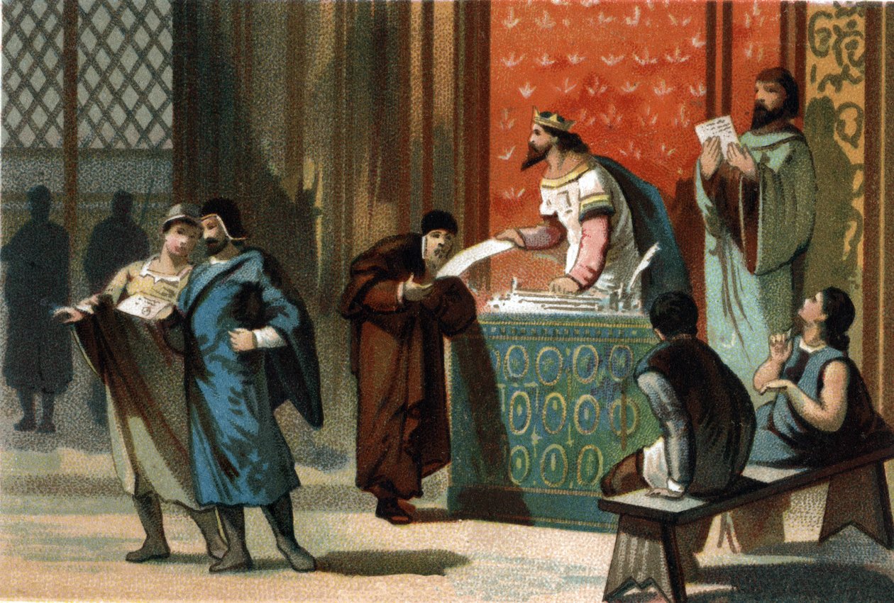 Louis VI dit Le Gros (1081-1137) vydal poštovní listiny obcí. Chromolitografie kolem roku 1890. od French School