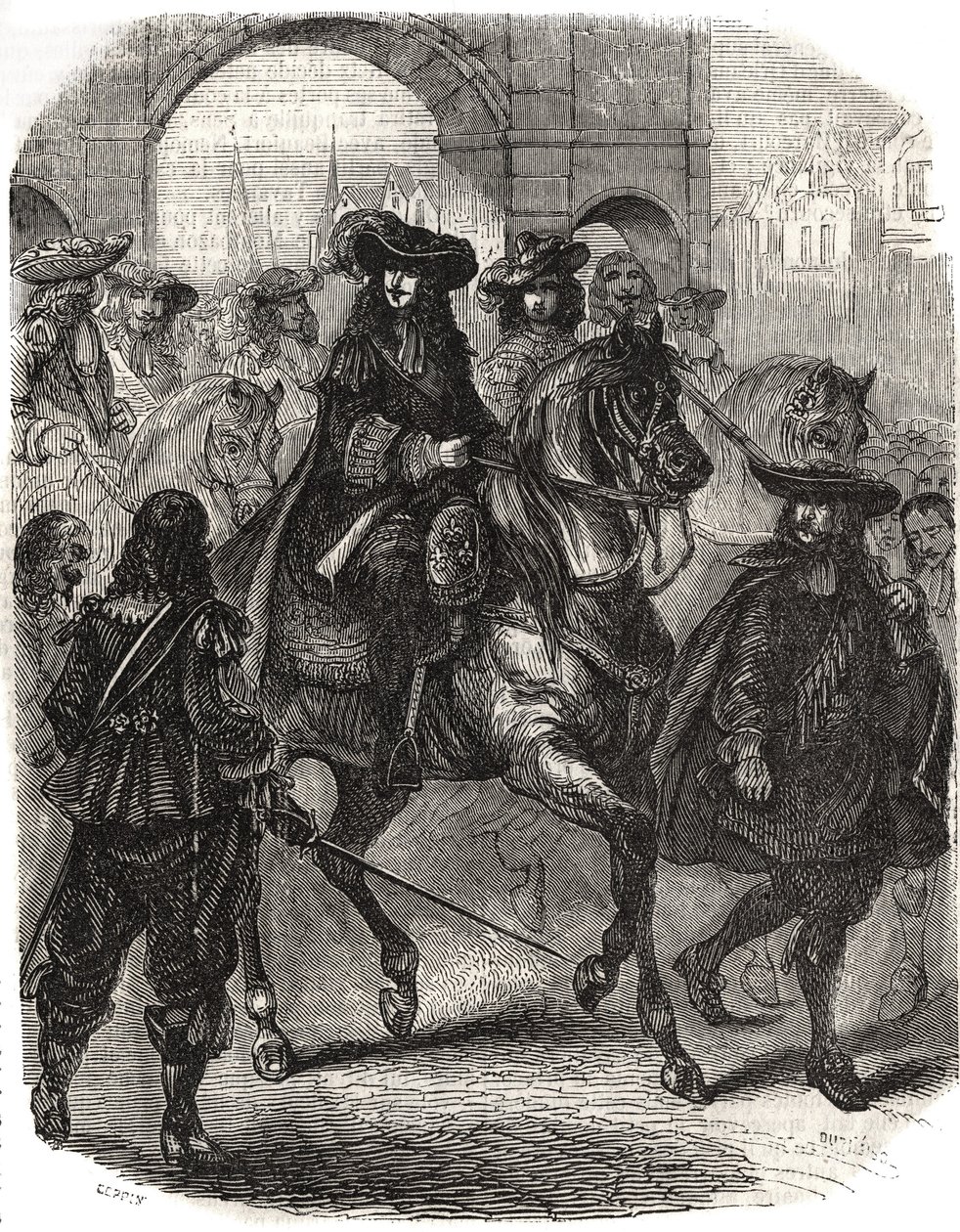 Ludvík XIV. (1638-1715) a jeho manželka Marie Terezie (Marie-Therese) Rakouská (1638-1683) vstoupili do Paříže v roce 1660. Rytina v „“ Histoire de France““ od L.-P. Anguetil od French School