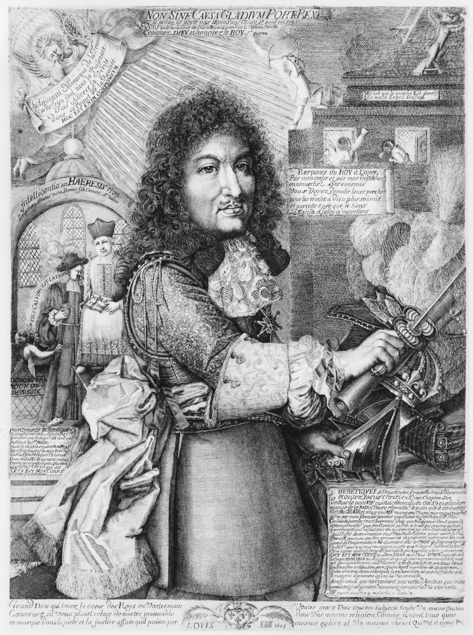 Ludvík XIV. (1638-1715) rozdrtil svým mečem tzv. protestantské reformované náboženství, 1685 od French School