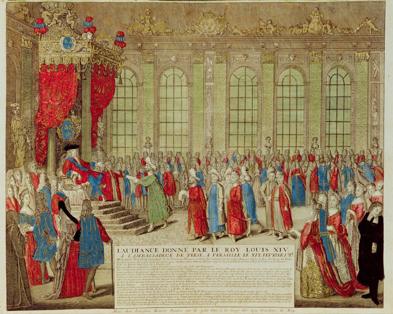 Ludvík XIV. (1638-1715) přijímá perského velvyslance Mohammeda Rezu Bega v Galerii lesků ve Versailles, 19. února 1715 od French School