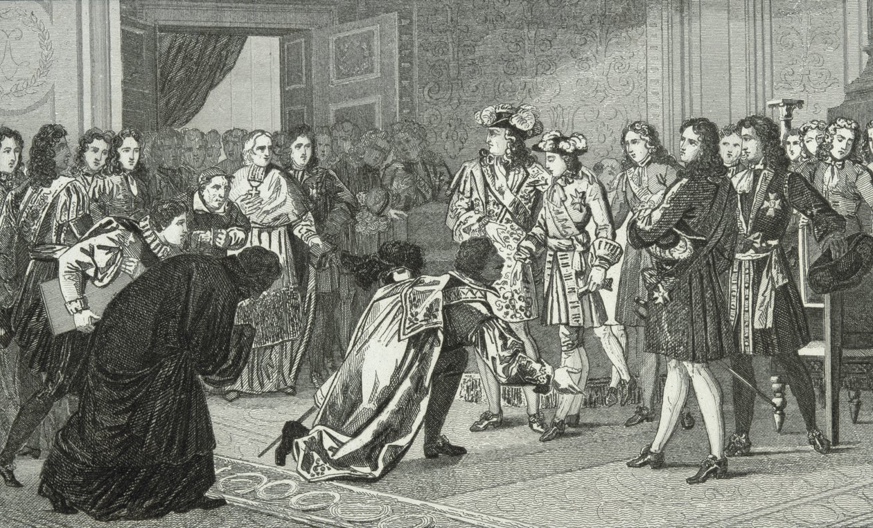 Ludvík XIV. (1638-1715) král Slunce představuje svého vnuka Filipa V. (1683-1746) španělským vyslancům, z Colartova „Histoire de France“, vydaného kolem roku 1840 od French School