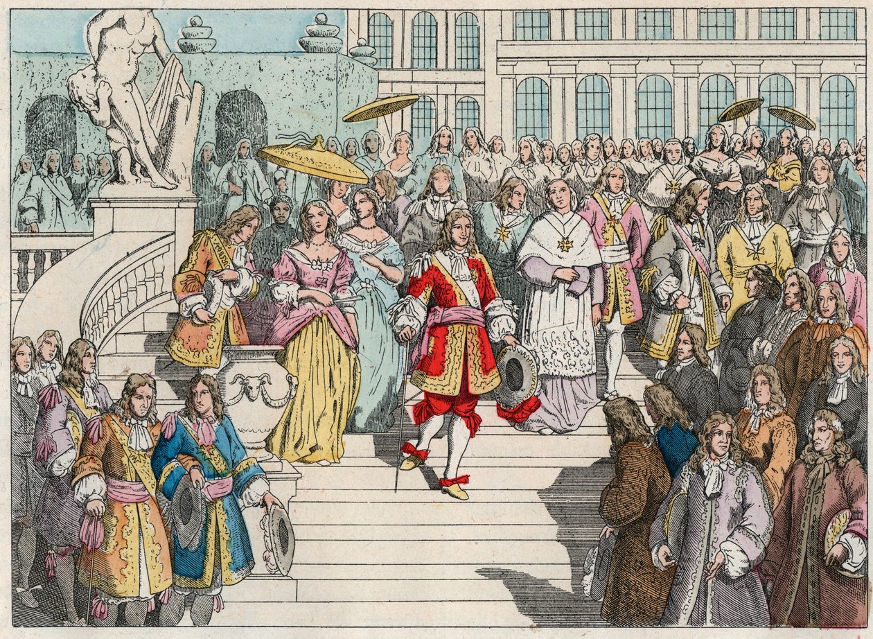 Louis XIV (Louis 14) a jeho dvůr ve Versailles - Ludvík XIV. Francouzský a jeho dvůr ve Versailles - Rytina konce 19. století v „“ Nos Gires Nationales – Images et recits““ od French School