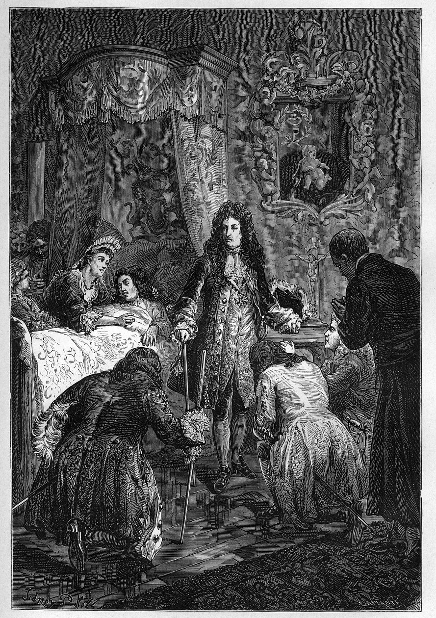 Ludvík XIV. navštěvuje Jakuba II. na smrtelné posteli – Návštěva francouzského krále Ludvíka XIV. u umírajícího Jakuba II. anglického (James II. Stuart) (1633-1701) – rytina do „Dějin Anglie, od nejvzdálenějších časů“ od Francois Guizot 1877 od French School