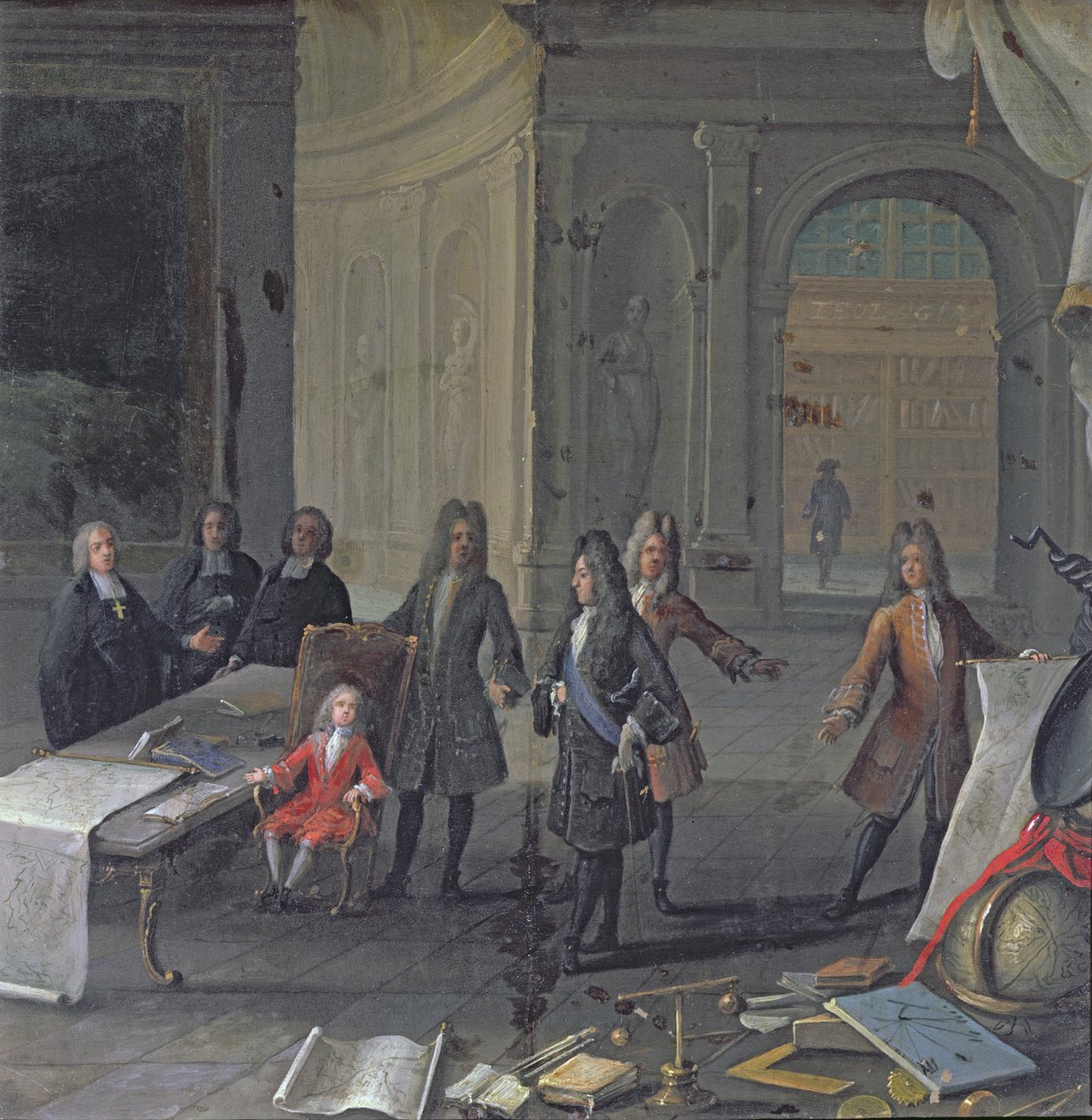 Ludvík XIV. navštěvující lekci svého pravnuka, budoucího Ludvíka XV., kolem roku 1715 od French School