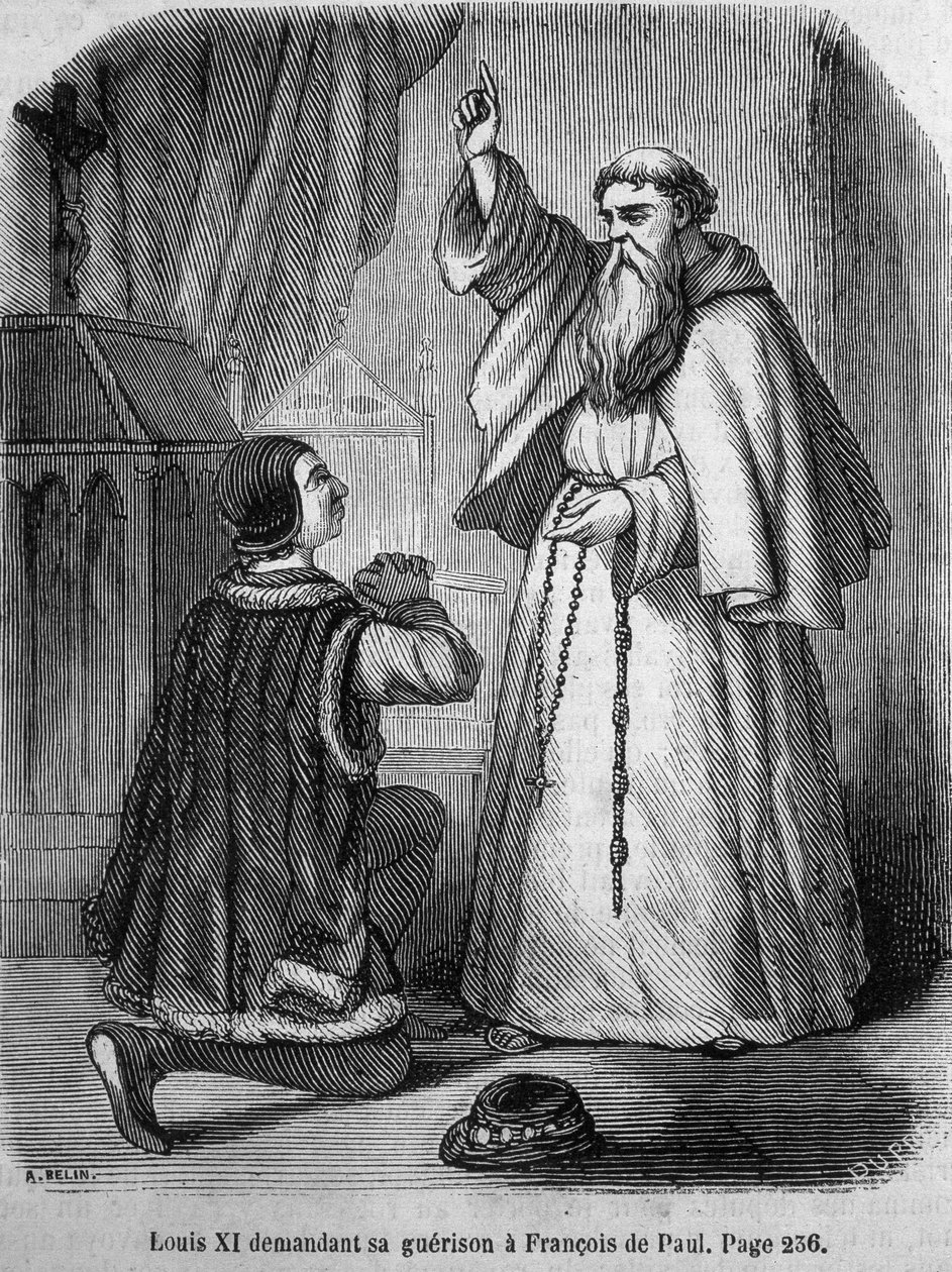 Ludvík XI. žádající o uzdravení Françoise de Paule - v „Histoire de France“ od L.-P. Anquetil od French School