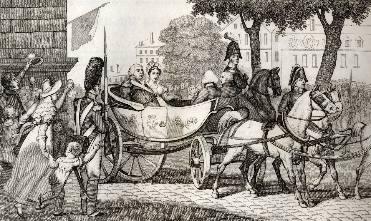 Ludvík XVIII. (1755-1824) vstupuje do Paříže při restaurování v roce 1814, z „Histoire de France“ od Colarta, vydaného kolem roku 1840 od French School
