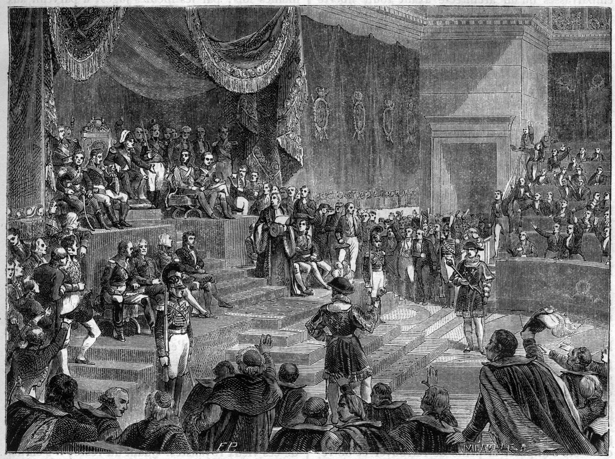 Ludvík XVIII a ustavení konstituční monarchie - Ústavní listina ze 4. června 1814 - Ludvík XVIII. předsedá zahájení zasedání sněmoven dne 4. června 1814 v Palais Bourbon v Paříži - v „Histoire de l