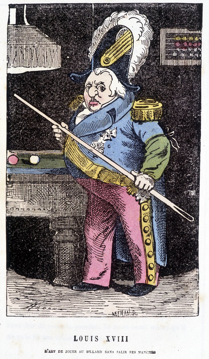 Ludvík XVIII. hraje kulečník – v „“ Histoire de France Tintamarresque““ od Touchatout od French School