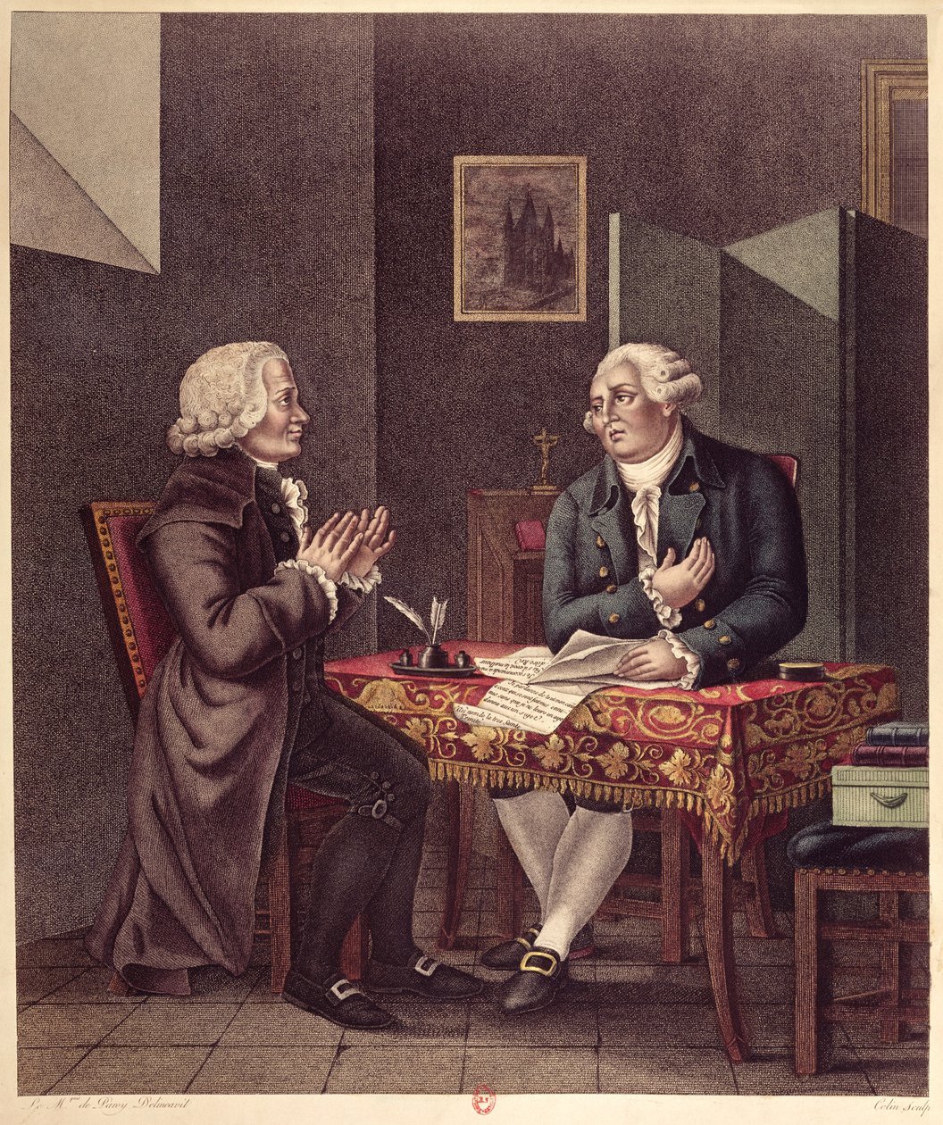 Ludvík XVI. (1754-93) čte svou poslední vůli Guillaume de Lamoignon de Malesherbes (1721-94) v chrámu, 25. prosince 1793 od French School