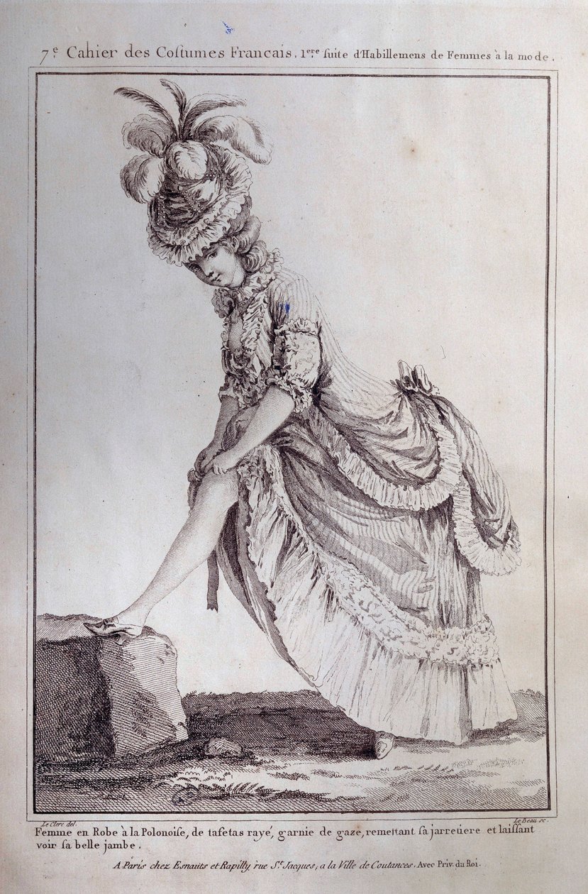Móda Ludvíka XVI.: portrét nohy mladé ženy v polských šatech v pruhovaném taftu. Rytina z roku 1778. Paříž, dekorativní umění od French School