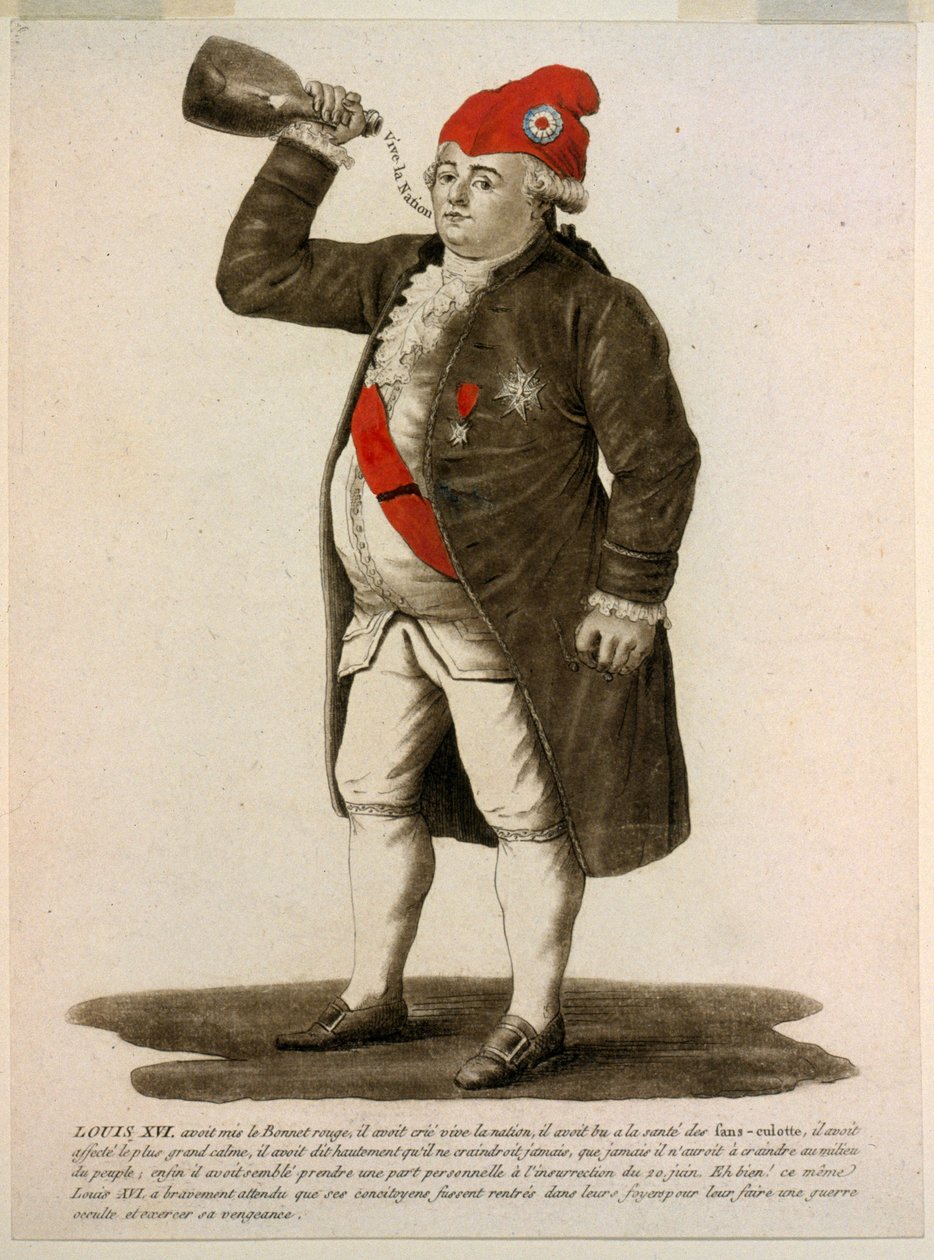 Ludvík XVI. v červené čepici, křičící ‚Ať žije národ‘, hospoda 1792 (ručně kolorovaný lept) od French School