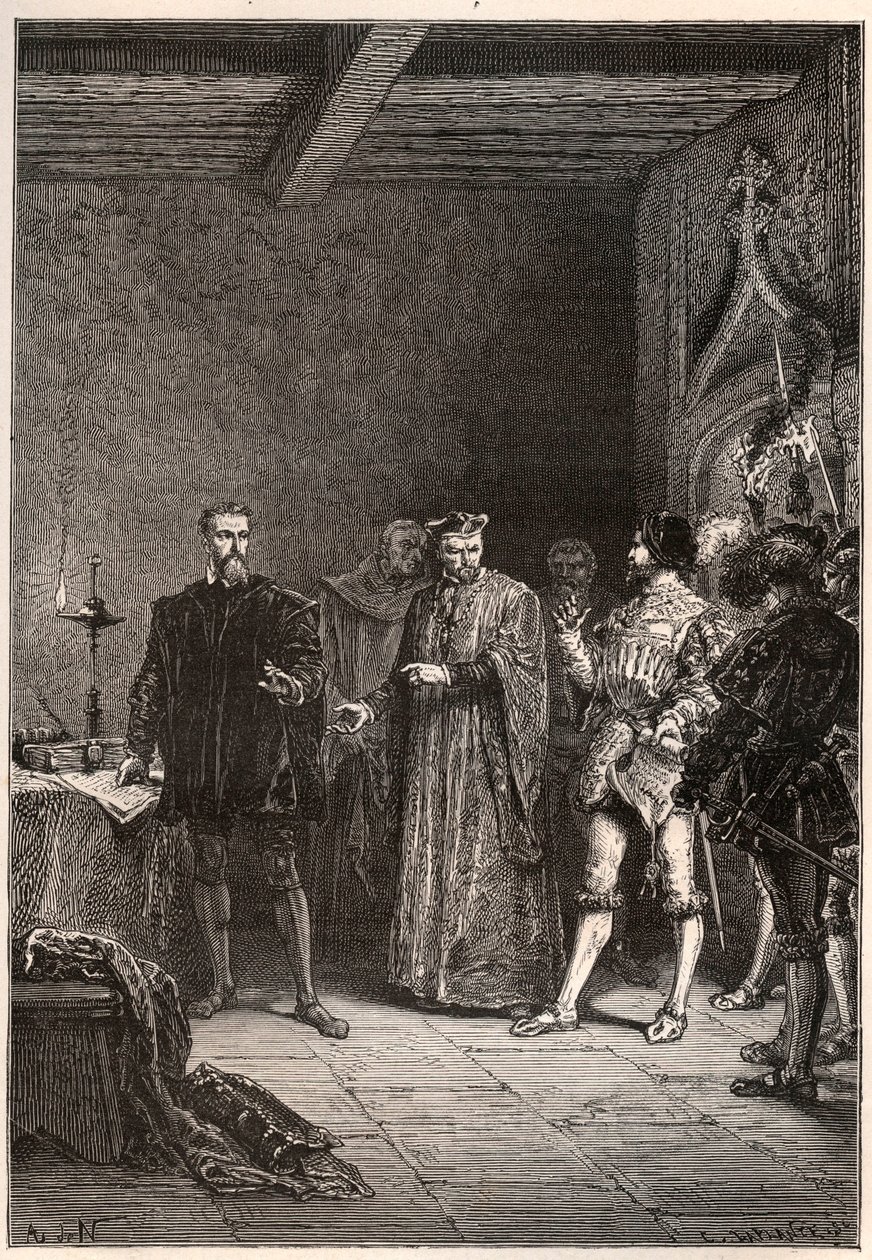 Louis de Berquin (1485-1529), rytíř a humanista, náboženský reformátor, osvobozen Jean de la Barre (1523-1533) prevot de Paris - Louis de Berquin (vlevo) propuštěn z vězení Johnem de la Barre - rytina z „“ Historie Francie vyprávěná mé babičce od French School