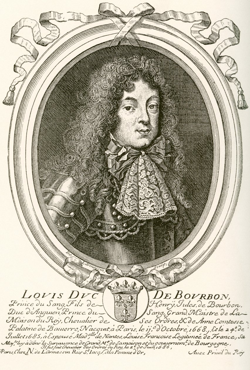 Louis de Bourbon, princ z Condé, 1668 - 1710. Princ krve na francouzském dvoře Ludvíka XIV. Z Les Heures Libres vydané v roce 1908. od French School