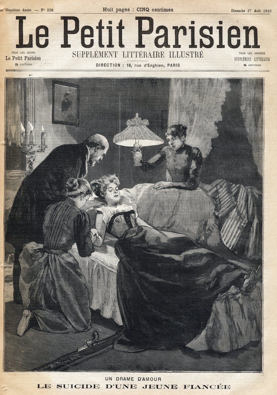 Milostné drama: Sebevražda 17leté snoubenky po smrti jejího manžela. Jeden z novin „Le petit Parisien““ dne 27.8.1893 (rytina) od French School