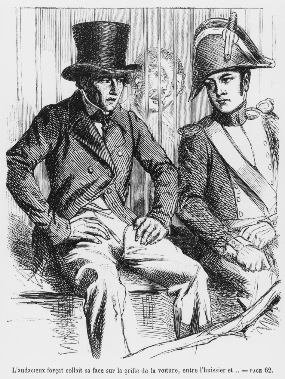 Lucien de Rubempre a Vautrin zatčeni, ilustrace ze Splendeurs et Miseres des Courtisanes od Honore de Balzaca, vydáno 1867 od French School
