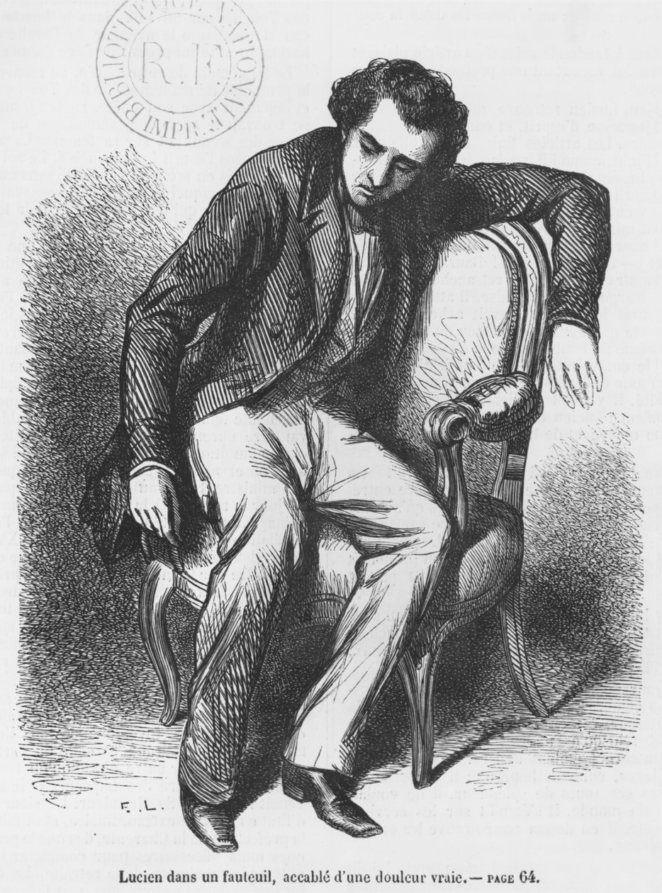 Lucien de Rubempre přemožený smutkem, ilustrace z „Les Illusions perdues“ od Honore de Balzaca od French School