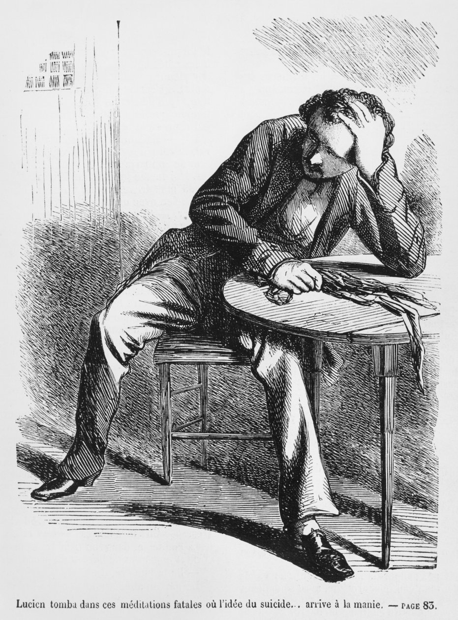 Lucien de Rubempre myslící na sebevraždu, ilustrace ze Splendeurs et Miseres des Courtisanes od Honore de Balzaca, vydáno 1867 od French School