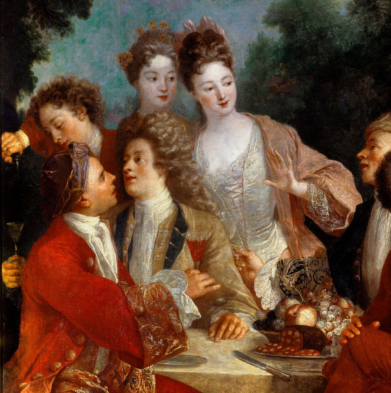 Oběd v Parc Des nobles na venkovském banketu. Detail obrazu francouzské školy 18. století. Orleans Museum of Fine Arts od French School