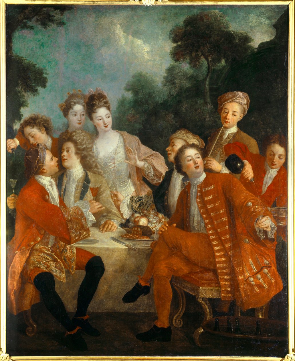 Oběd v Parc Des nobles na venkovském banketu. Malba francouzské školy 18. století. Orleans Museum of Fine Arts od French School