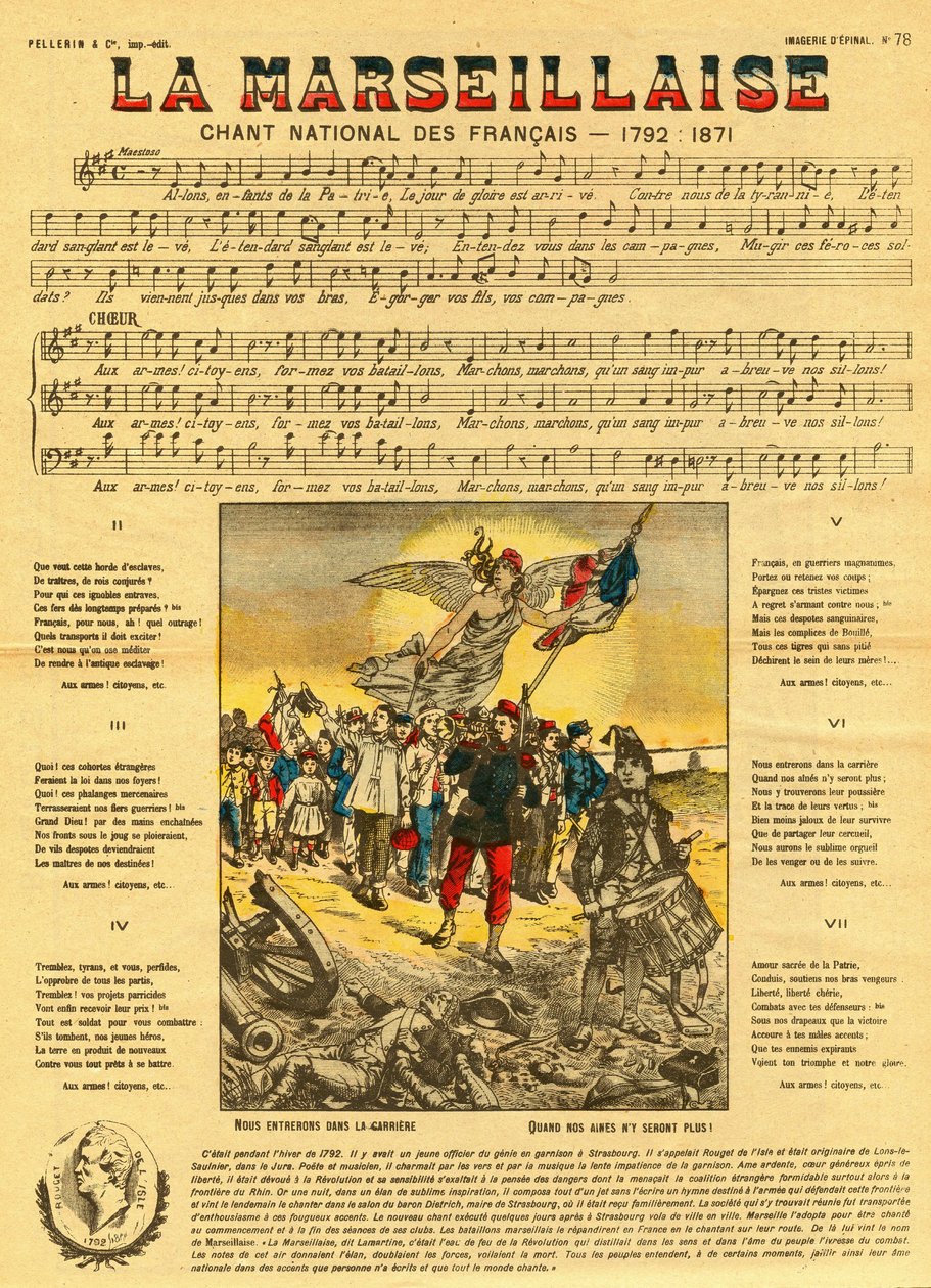 Text a hudba Marseillaisy, francouzské hymny, kterou složil Rouget de Lisle (Rouget de L